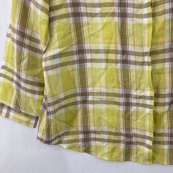 Lafayette 148 Large Parrot Green 100% Linen Plaid Relax Sabira Button Up Preppy - Picture 5 of 11